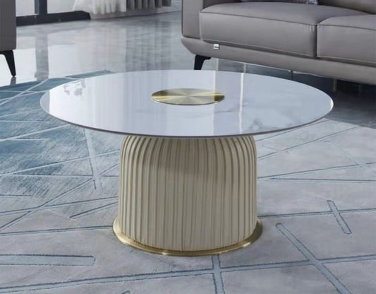 CT-W9306-CRM Cream Glass Leather Coffee Table
