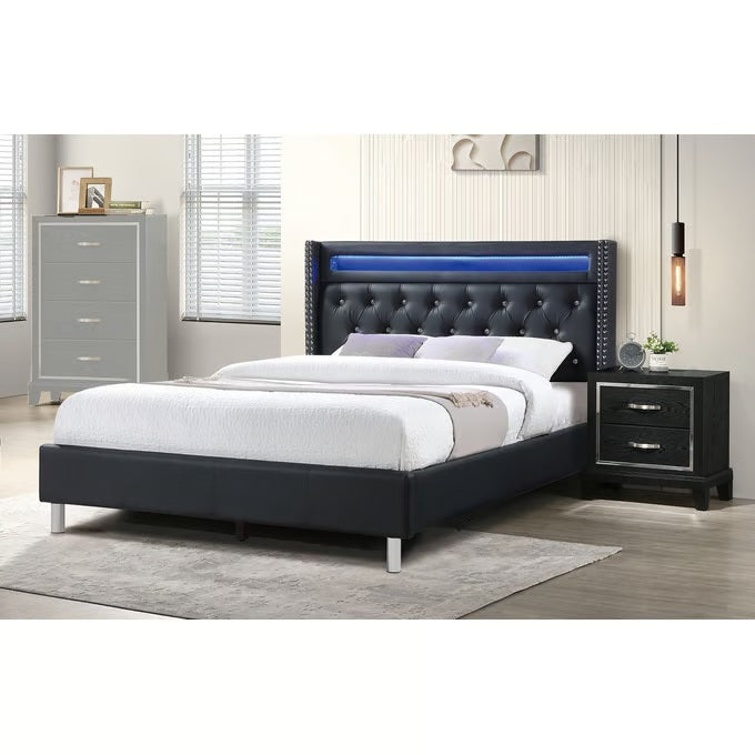 F9461 Black Faux Leather Queen 4 Pc Bedroom Set