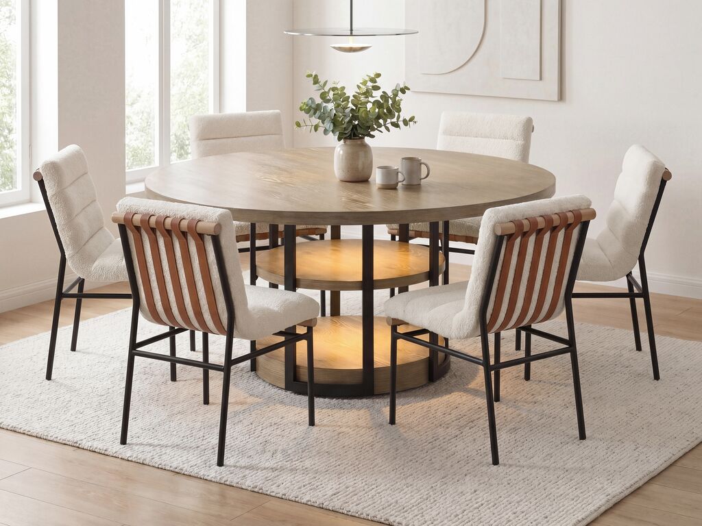 Eden 7 Pc Round Rustic Oak Dining Set LED Light