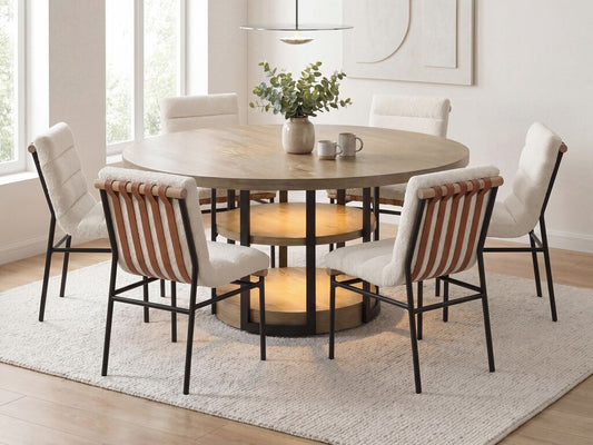 Eden 7 Pc Round Rustic Oak Dining Set LED Light