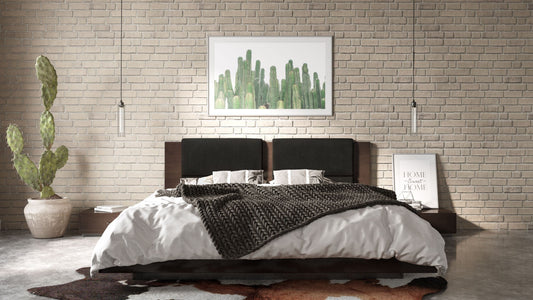 Nova Domus Fantasia - Dark Walnut/Dark Grey Bed & Two Nightstands