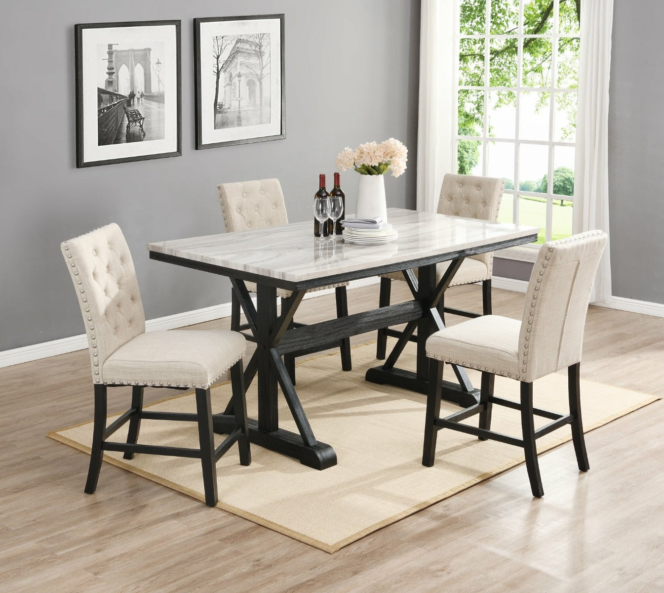 Juego de comedor Chino de 6 piezas - Sillas de lino beige