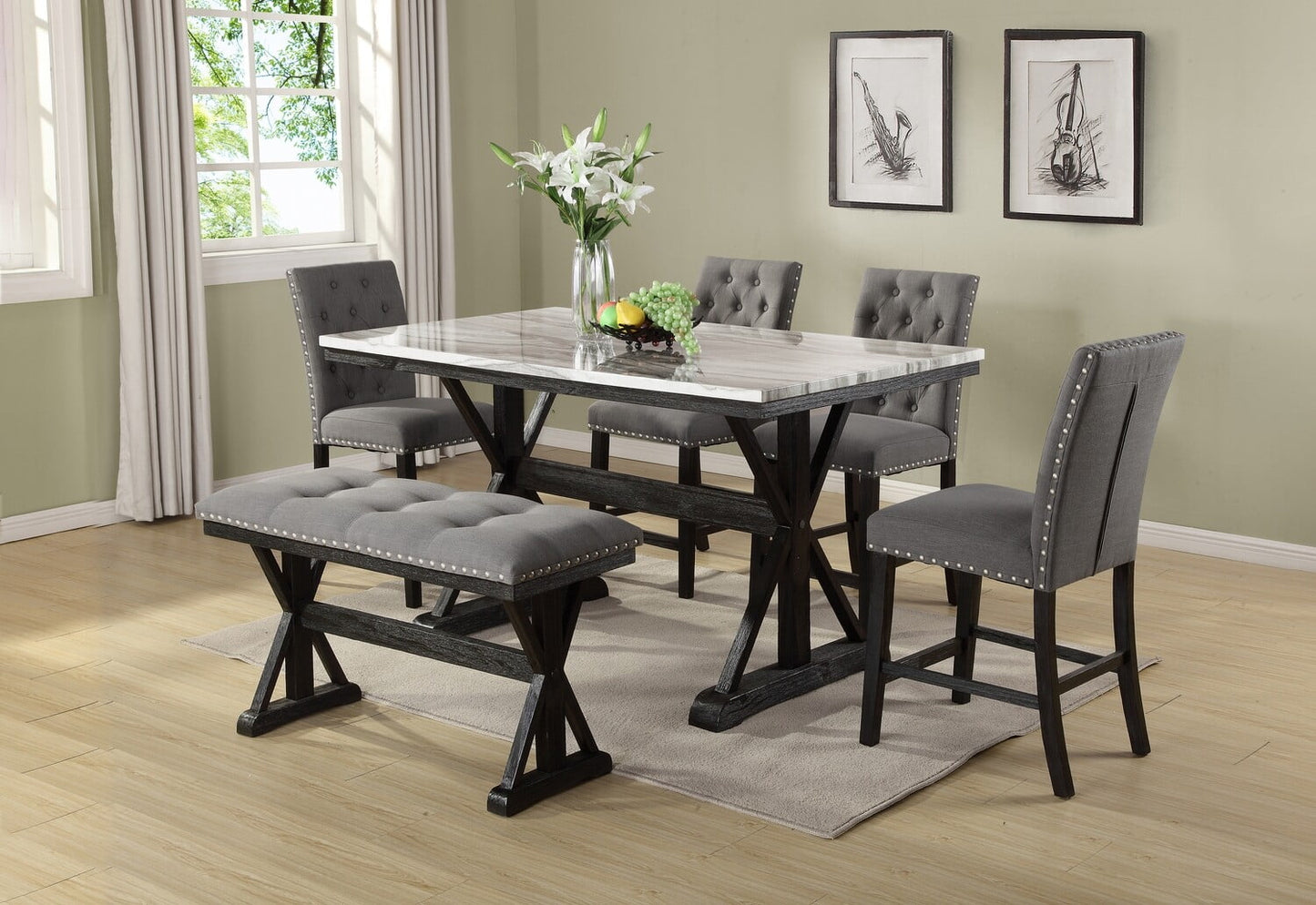 Colección de comedor Chino de 6 piezas - Sillas de lino gris o beige