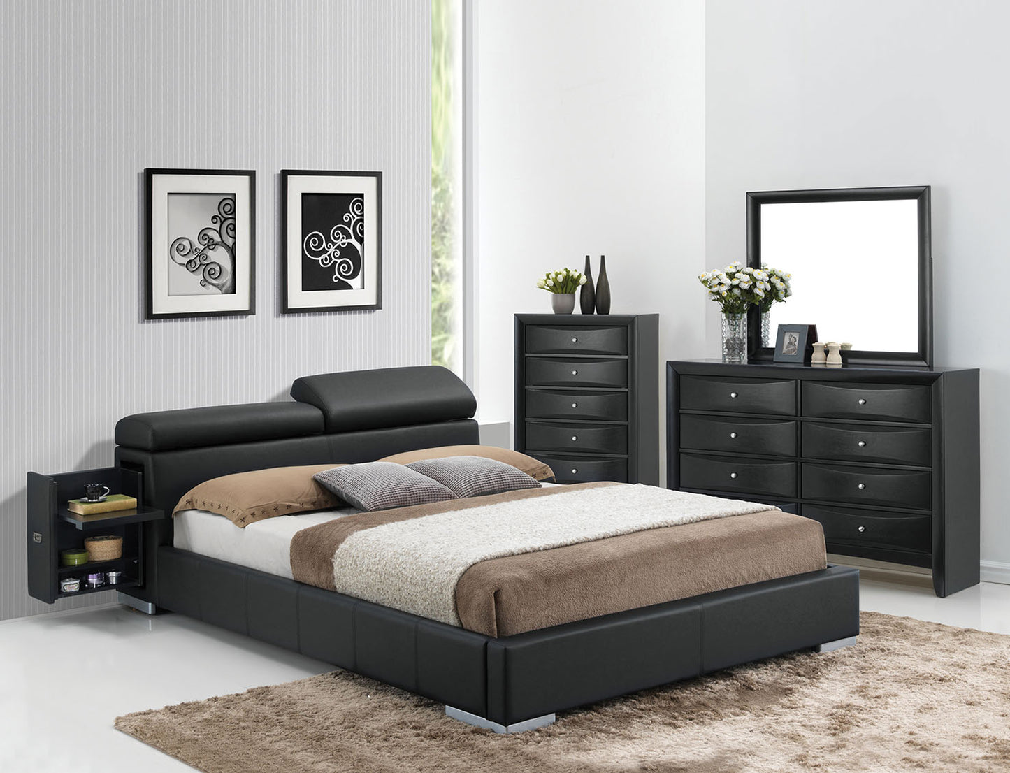 Manjot Faux Leather Bed - Black or White