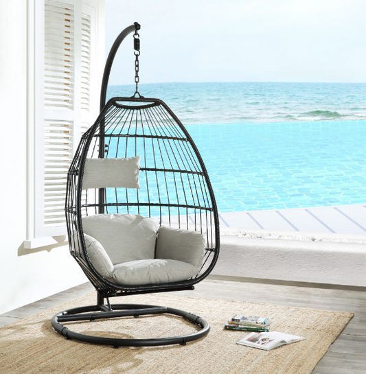 Patio Hanging Chair with Stand - Beige Fabric & Black Wicker