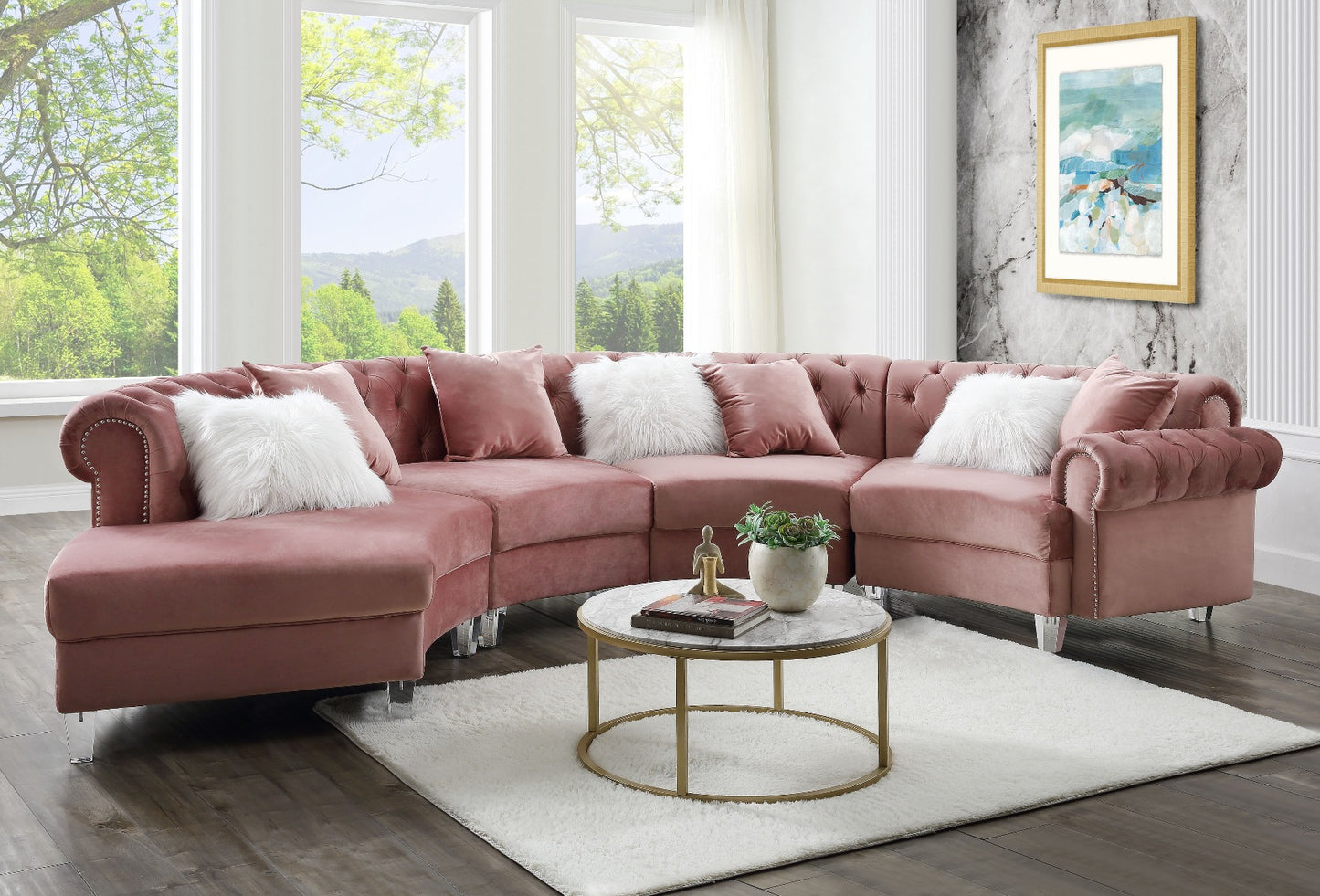 Ninagold 57360 Acme Sectional Sofa - Pink or Gray Velvet