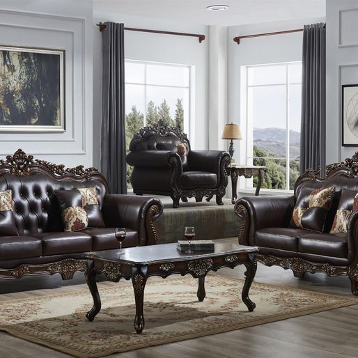 McFerran Home SF2268 Sofá y Loveseat - Cuero marrón oscuro