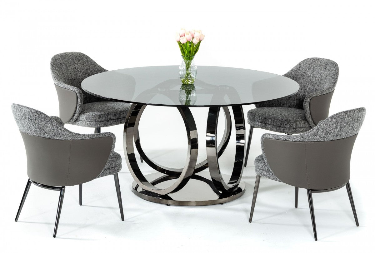 Enid Modern Smoked Glass & Black Stainless Steel Dining Set