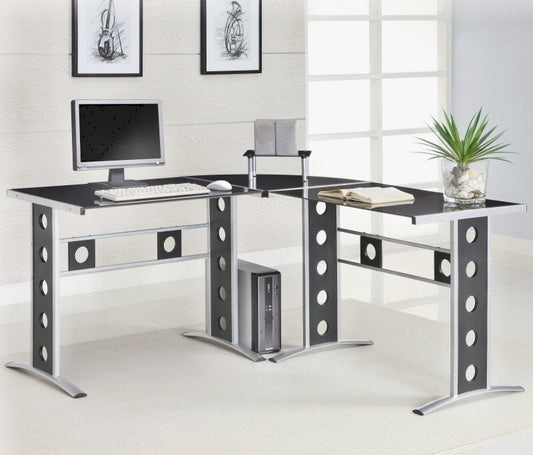 Keizer Computer Desk - Silver Frame & Black Glass