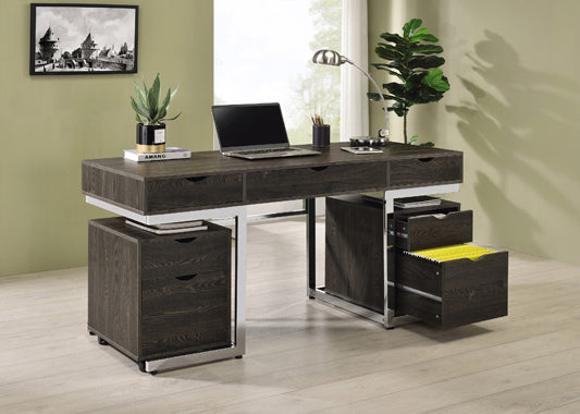 Noorvik 3 Pc Writing Desk Set - Dark Oak & Chrome