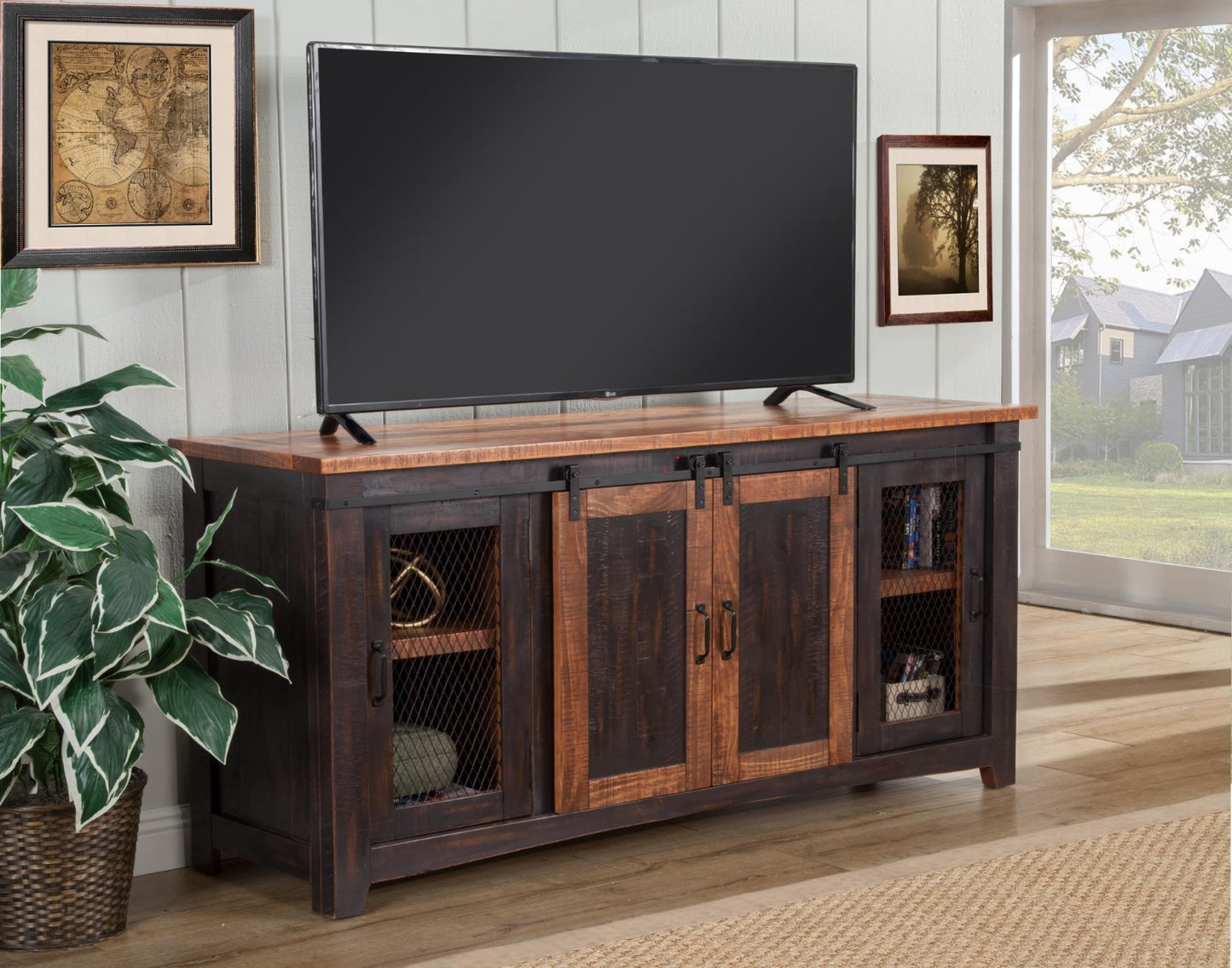 Sante Fe Rustic Entertainment Console - Black Barn Doors