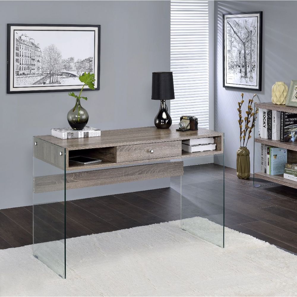Armon Writing Desk - Clear Glass Gray Oak Finish