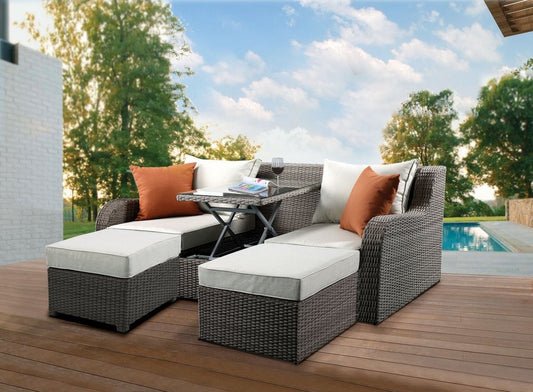 Salena 45010 Sofá de Patio y Otomana - Tela Beige + Mimbre Gris
