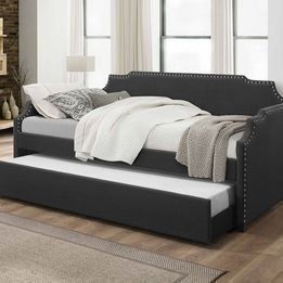 Sofá cama con detalles en forma de nido y clavos: gris oscuro o beige
