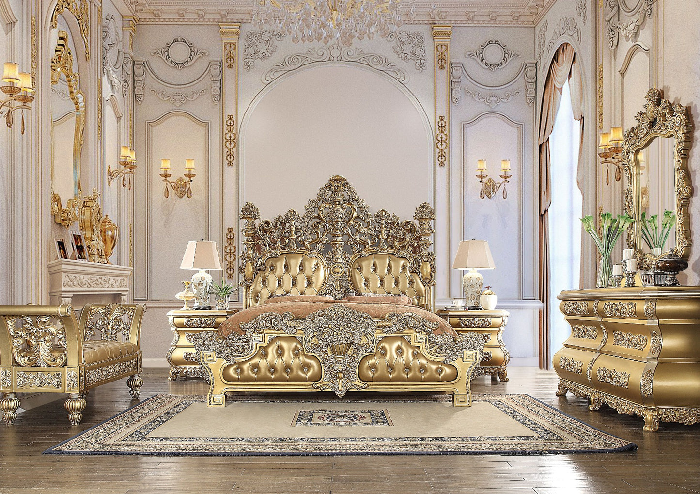 Seville Gold Finish Bedroom Collection - Intricately Carved