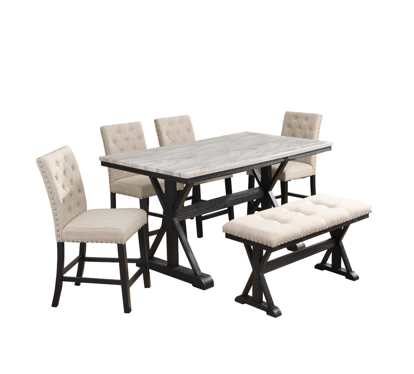 Juego de comedor Chino de 6 piezas - Sillas de lino beige