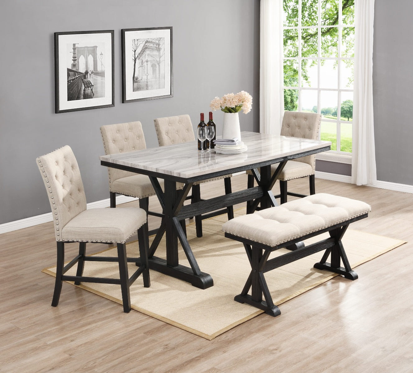 Chino 6 Pc Dining Set - Beige Linen Chairs