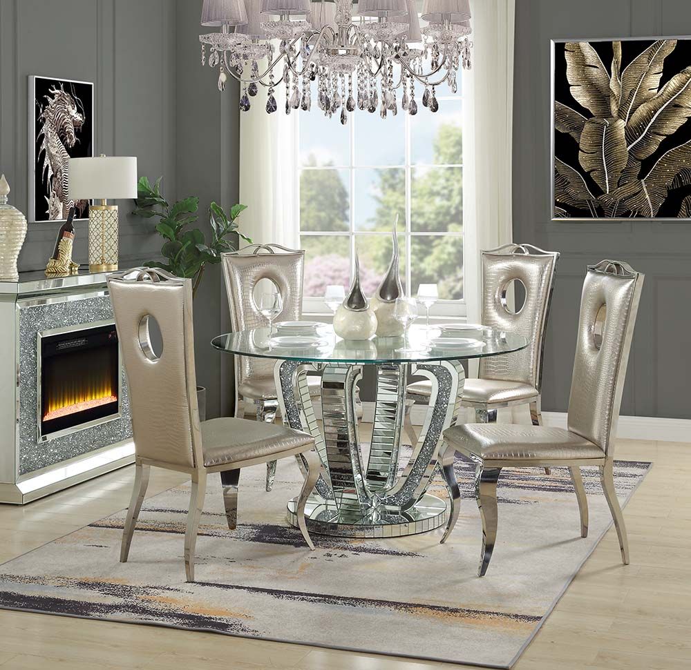 Noralie DN00717 Round Glass Table Dining Set - Mirrored Diamonds