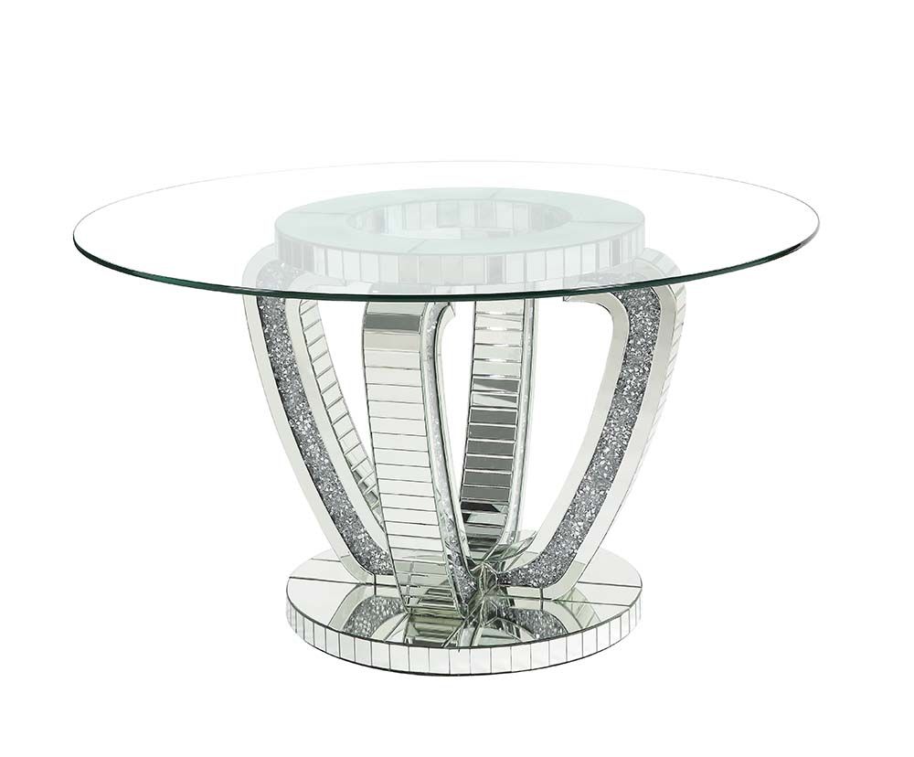 Noralie DN00717 Round Glass Table Dining Set - Mirrored Diamonds