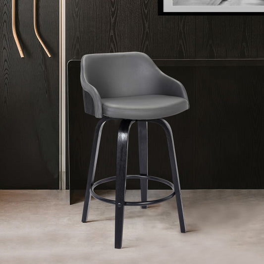 Taburete de bar giratorio Alec de piel sintética gris y madera negra