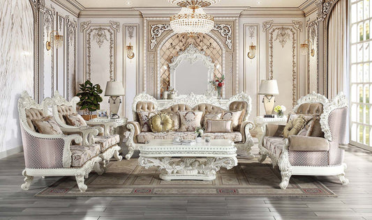 Vanaheim Antique White Living Room Group - Damask Fabric