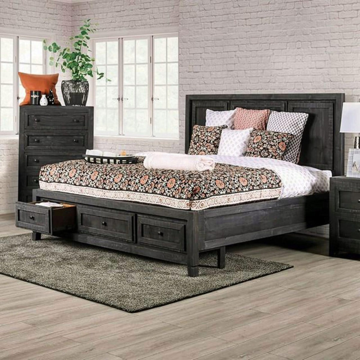 Oakridge Rustic Distressed Bedroom Set EM7074 - Charcoal Finish