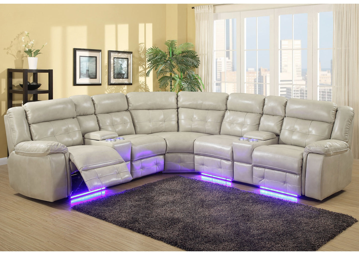 Galaxy Home Power Sectional w/3 Recliners & LED LIghts - 2 Colors