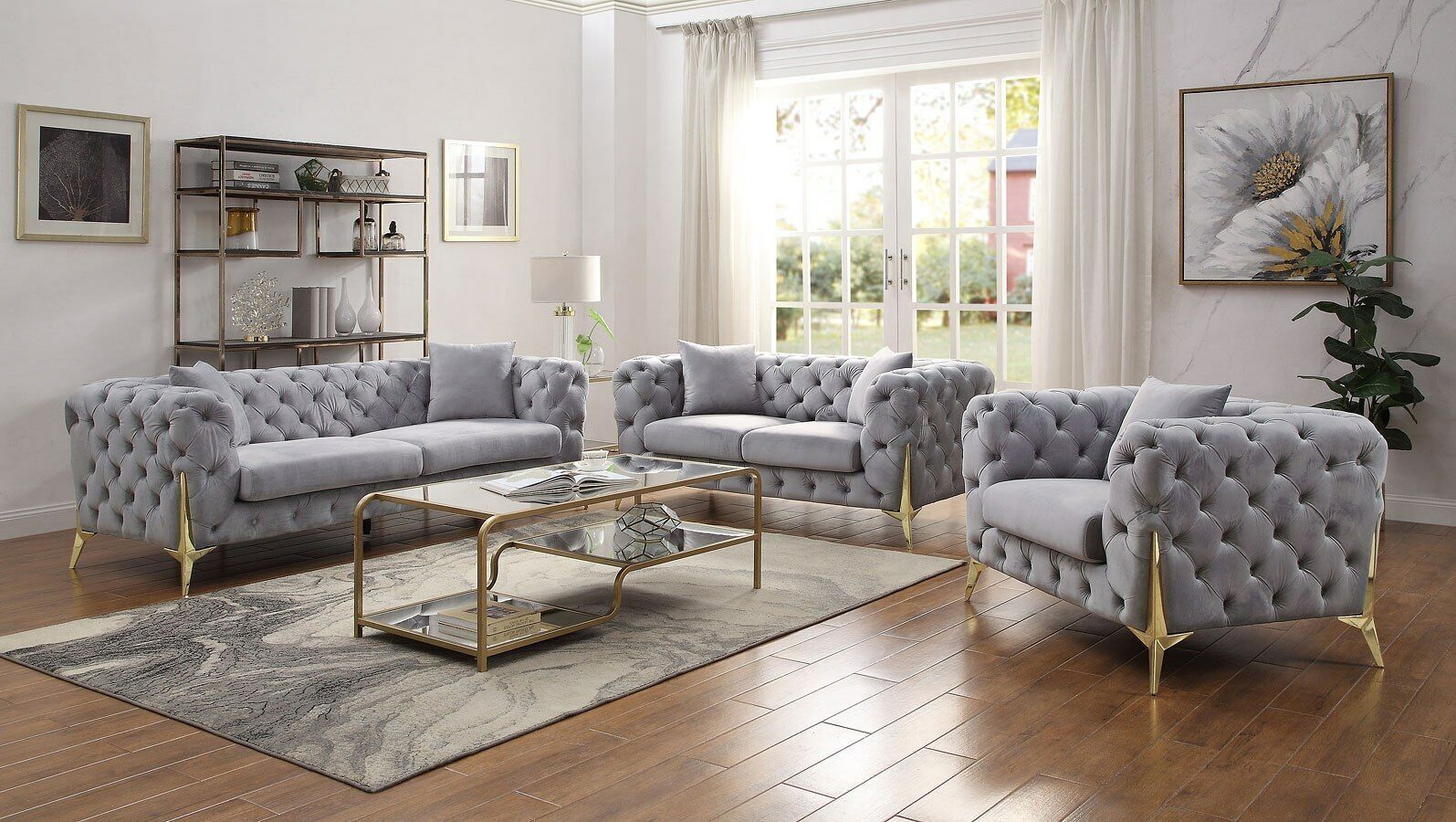 Jelanea Grey Velvet Sofa Acme Lv01406 Deep Tufting Bradley Home Funishings
