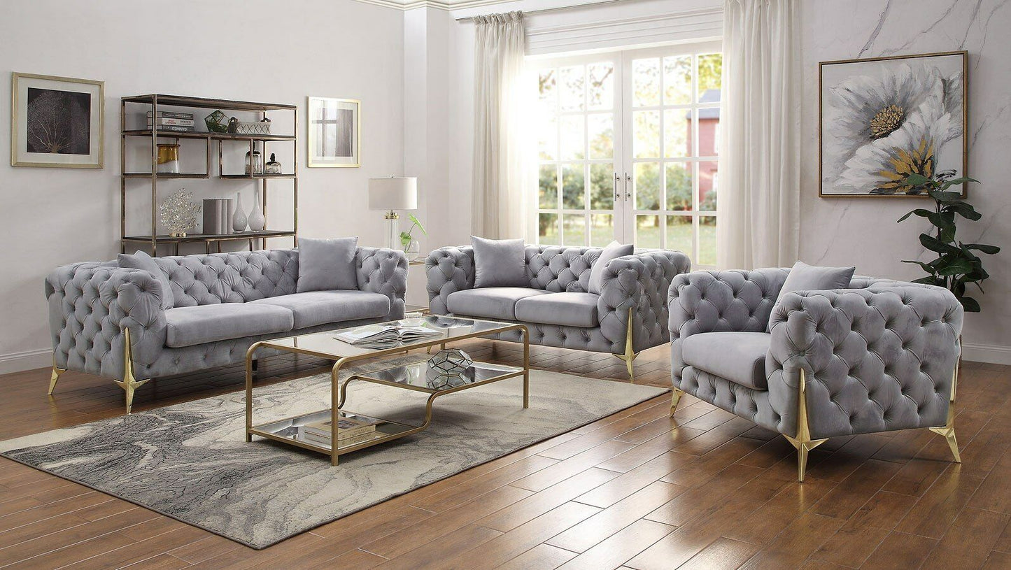 Jelanea Grey Velvet Sofa Acme LV01406 Deep Tufting
